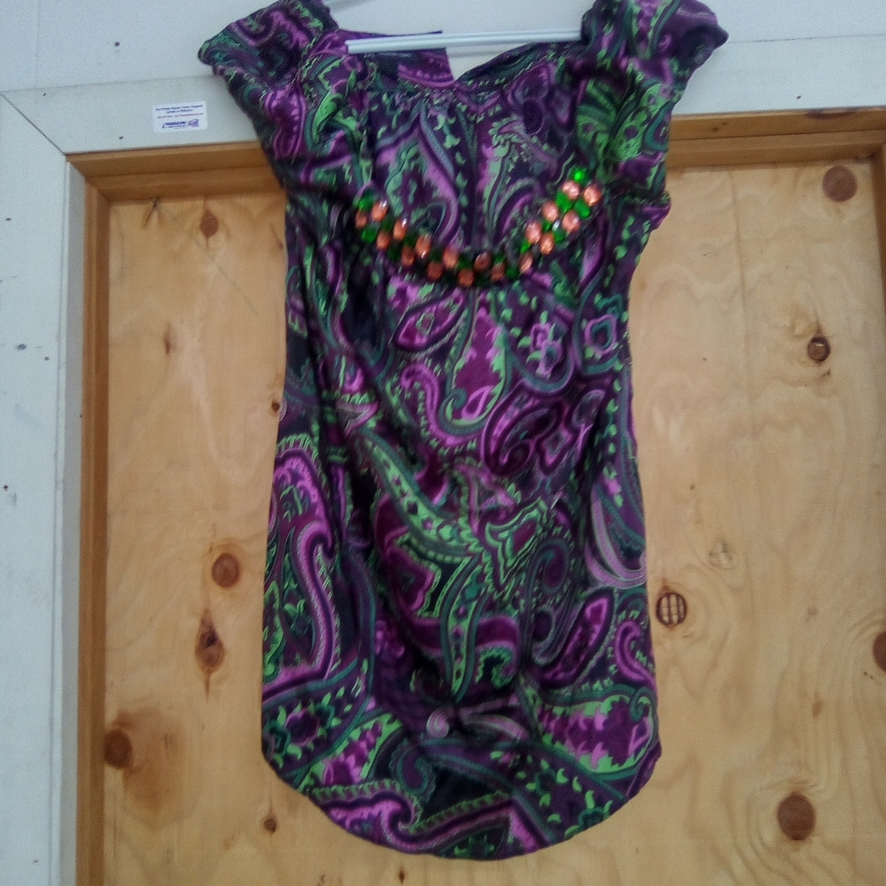 INTERNATIONAL CONCEPTS Paisley Print Women's Top - Purple and Green - Picture 2 of 7